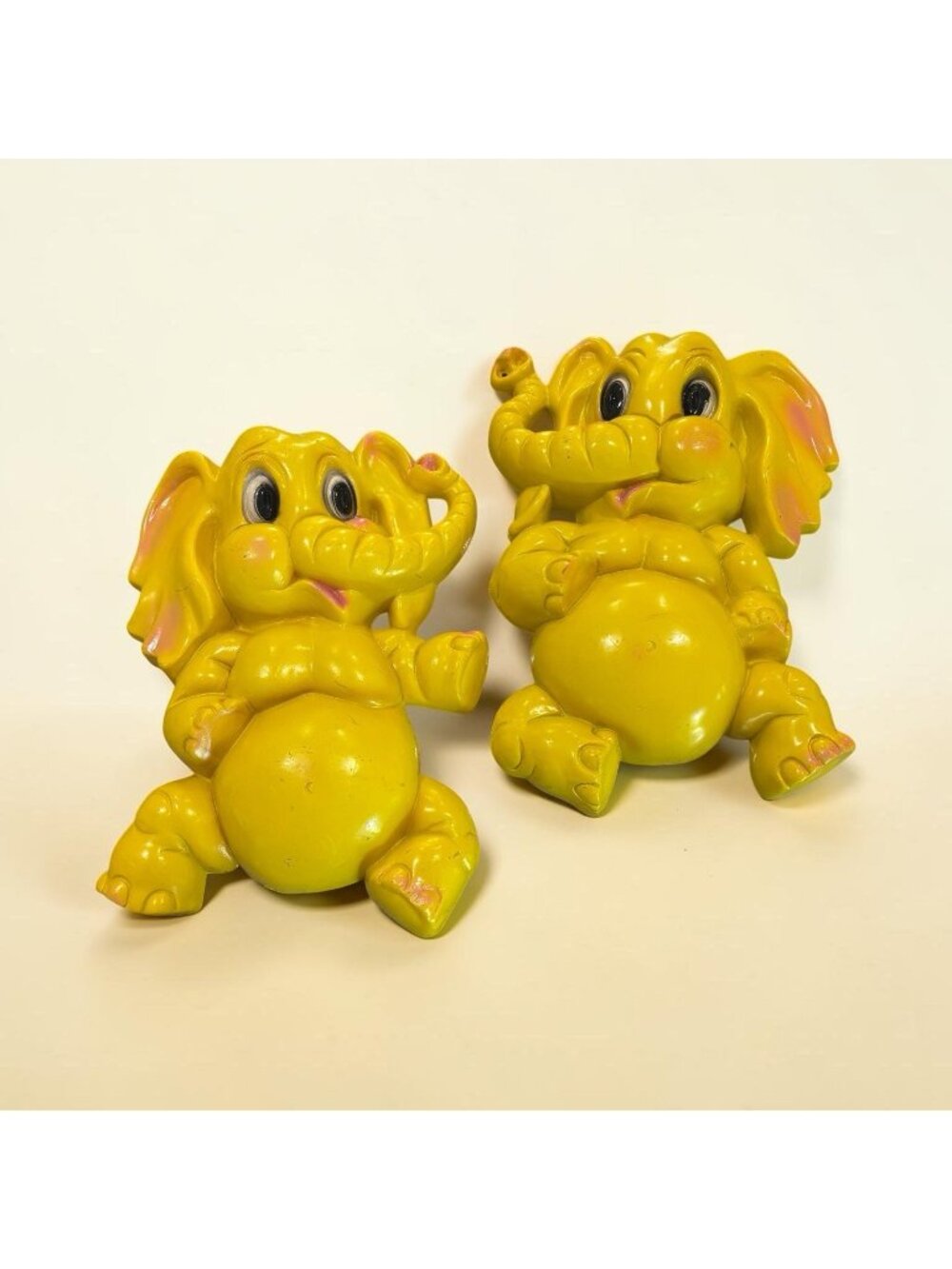 Vintage 1970s 2 Homco Yellow Baby Elephant Wall Art Plastic Decor Nursery 13"